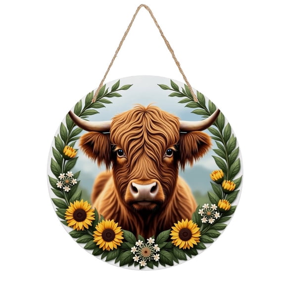 Rustic Round Wooden Wall Art Sign, 8" Decorative Home Decor, Vintage Furry Cow Designs, Easy Hang, Gift-Ready for Christmas Living Room Bedroom Kitchen Office