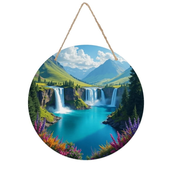 Rustic Round Wooden Wall Art Sign, 8" Decorative Home Decor, Vintage Landscape Waterfall Mountain Designs, Easy Hang, Gift-Ready for Christmas Living Room Bedroom Kitchen Office