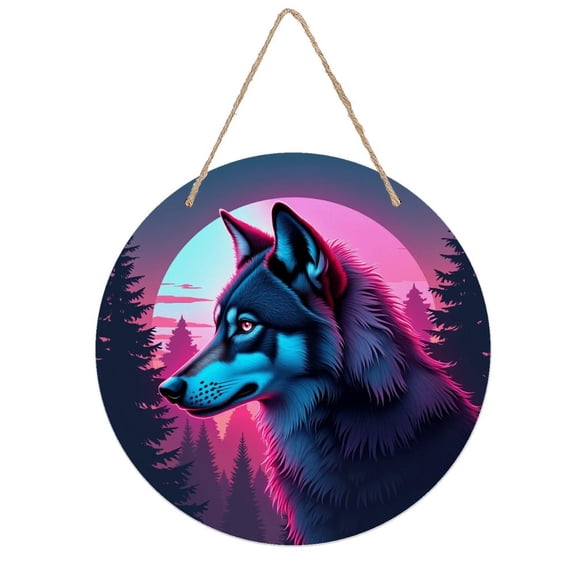 Rustic Round Wooden Wall Art Sign, 8" Decorative Home Decor, Vintage Neon Wolf Animal Fantasy Designs, Easy Hang, Gift-Ready for Christmas Living Room Bedroom Kitchen Office