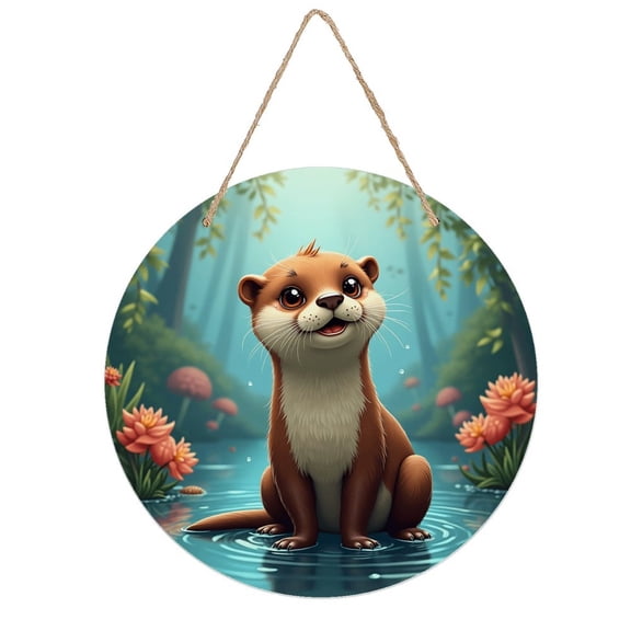 Rustic Round Wooden Wall Art Sign, 8" Decorative Home Decor, Vintage Otter Sitting Water Designs, Easy Hang, Gift-Ready for Christmas Living Room Bedroom Kitchen Office