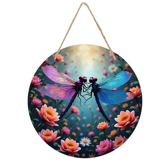 Rustic Round Wooden Wall Art Sign, 8" Decorative Home Decor, Vintage Pink Blue Dragonfly Flowers Designs, Easy Hang, Gift-Ready for Christmas Living Room Bedroom Kitchen Office