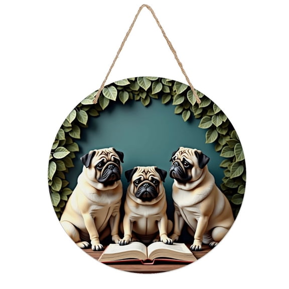 Rustic Round Wooden Wall Art Sign, 8" Decorative Home Decor, Vintage Pugs Sitting Designs, Easy Hang, Gift-Ready for Christmas Living Room Bedroom Kitchen Office