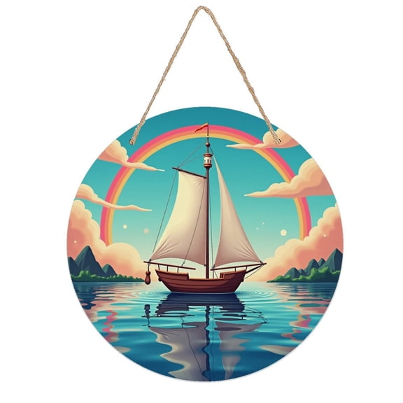 Rustic Round Wooden Wall Art Sign, 8" Decorative Home Decor, Vintage Sailboat Rainbow Designs, Easy Hang, Gift-Ready for Christmas Living Room Bedroom Kitchen Office