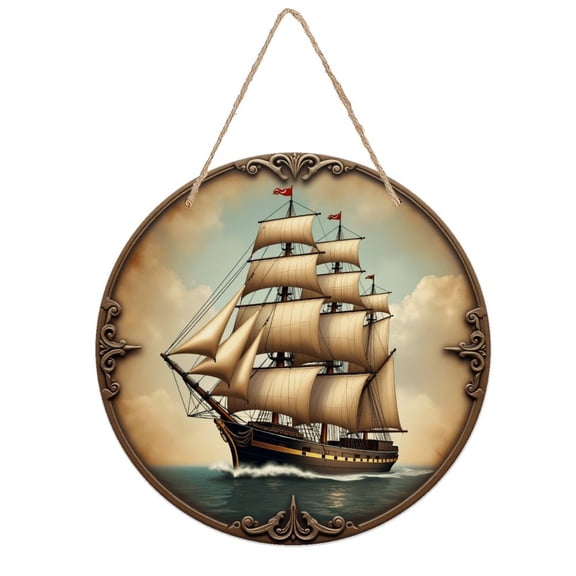 Rustic Round Wooden Wall Art Sign, 8" Decorative Home Decor, Vintage Sailing Ship Designs, Easy Hang, Gift-Ready for Christmas Living Room Bedroom Kitchen Office