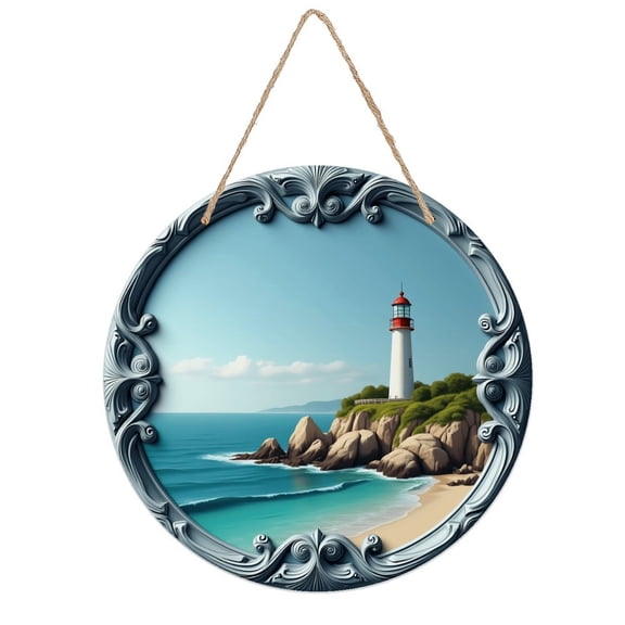 Rustic Round Wooden Wall Art Sign, 8" Decorative Home Decor, Vintage Scenic Beach Lighthouse Designs, Easy Hang, Gift-Ready for Christmas Living Room Bedroom Kitchen Office