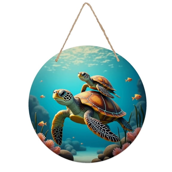Rustic Round Wooden Wall Art Sign, 8" Decorative Home Decor, Vintage Sea Turtle Ocean Designs, Easy Hang, Gift-Ready for Christmas Living Room Bedroom Kitchen Office
