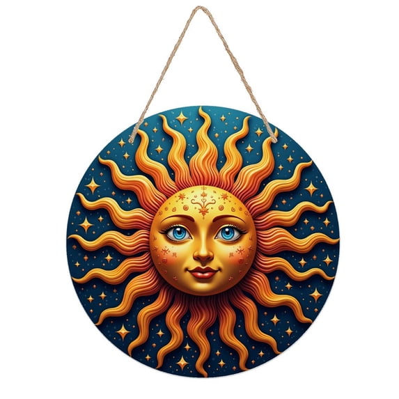 Rustic Round Wooden Wall Art Sign, 8" Decorative Home Decor, Vintage Sun Face Designs, Easy Hang, Gift-Ready for Christmas Living Room Bedroom Kitchen Office