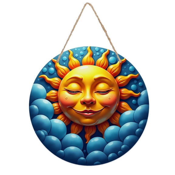 Rustic Round Wooden Wall Art Sign, 8" Decorative Home Decor, Vintage Sun Face Smile Designs, Easy Hang, Gift-Ready for Christmas Living Room Bedroom Kitchen Office