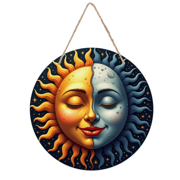 Rustic Round Wooden Wall Art Sign, 8" Decorative Home Decor, Vintage Sun Moon Face Designs, Easy Hang, Gift-Ready for Christmas Living Room Bedroom Kitchen Office