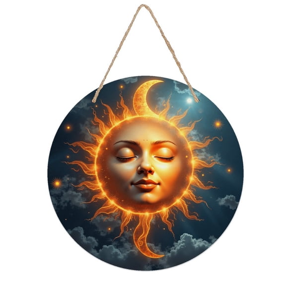 Rustic Round Wooden Wall Art Sign, 8" Decorative Home Decor, Vintage Sun Moon Face Designs, Easy Hang, Gift-Ready for Christmas Living Room Bedroom Kitchen Office