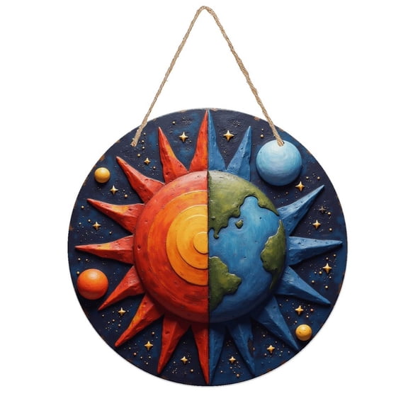 Rustic Round Wooden Wall Art Sign, 8" Decorative Home Decor, Vintage Sun Planet Earth Designs, Easy Hang, Gift-Ready for Christmas Living Room Bedroom Kitchen Office