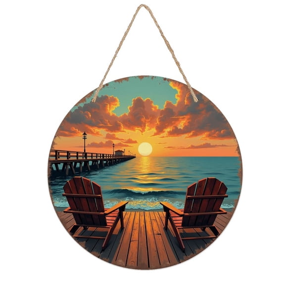 Rustic Round Wooden Wall Art Sign, 8" Decorative Home Decor, Vintage Sunset Beach Pier Designs, Easy Hang, Gift-Ready for Christmas Living Room Bedroom Kitchen Office