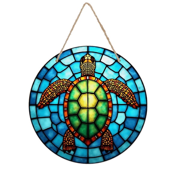 Rustic Round Wooden Wall Art Sign, 8" Decorative Home Decor, Vintage Turtle Stained Glass Mosaic Designs, Easy Hang, Gift-Ready for Christmas Living Room Bedroom Kitchen Office