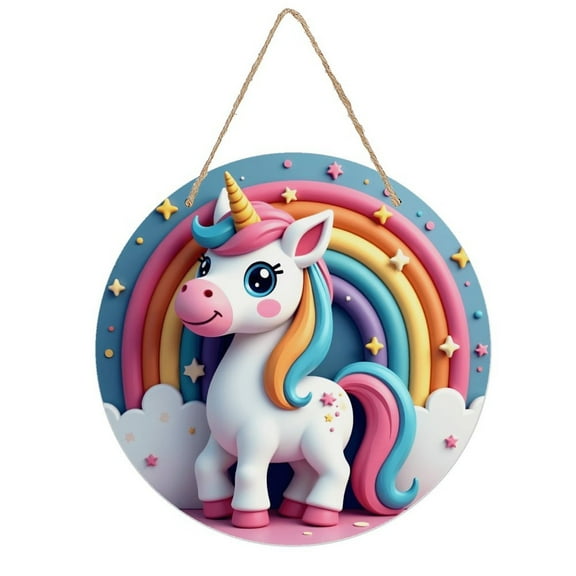 Rustic Round Wooden Wall Art Sign, 8" Decorative Home Decor, Vintage Unicorn Rainbow Cartoon Designs, Easy Hang, Gift-Ready for Christmas Living Room Bedroom Kitchen Office