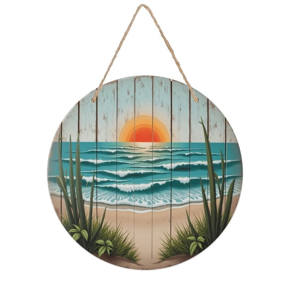 Rustic Round Wooden Wall Art Sign, 8" Decorative Home Decor, Vintage Waves Beach Sunset Designs, Easy Hang, Gift-Ready for Christmas Living Room Bedroom Kitchen Office