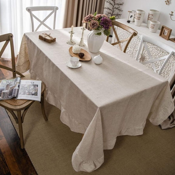 Rustic Ruffle Tablecloth Linen Textured Flounces Trim Table Cover for Wedding Banquet Tabletop Bridal Birthday Party Decor (Beige,140*180cm )