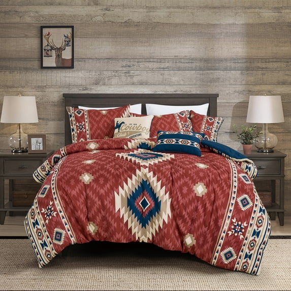 Rustic Rust Red & Navy Comforter with Decorative Pillows -Southwestern Aztec Bedding Set King