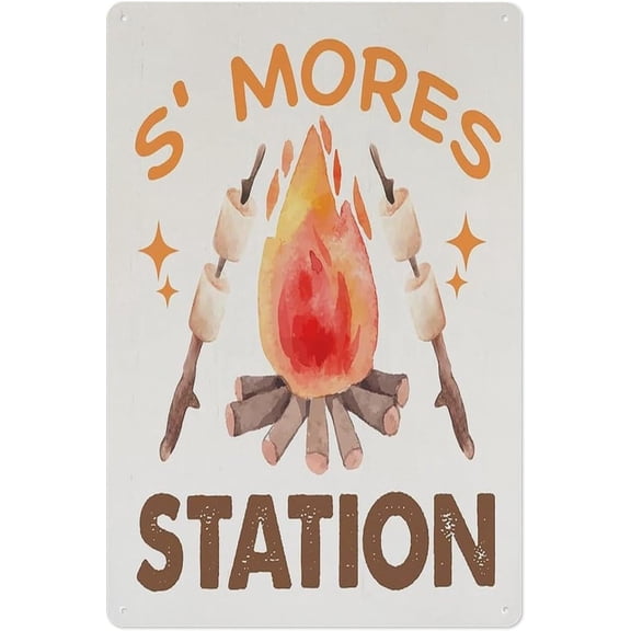 Rustic Smores Station Camper Campfire Metal Tin Sign 8x12 Inch Camping Wall Decor for Home Cabin RV or Outdoor Spaces