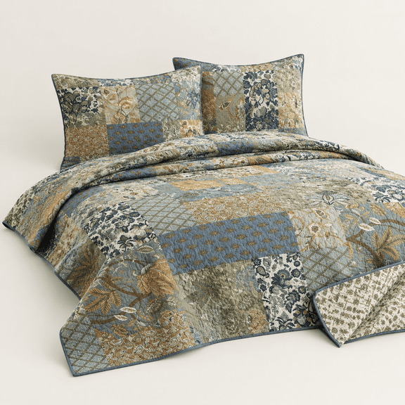 Rustic Sage Patchwork King Size Cotton Patchwork Quilt Set All Season Bedding