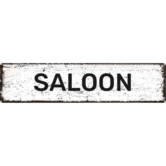 Rustic Saloon Metal Tin Sign, 4 x 16 Inch White and Black Distressed Wall Decor for Bar, Man Cave, Western Theme Restaurant or Home