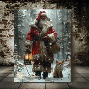 Rustic Santa Claus Lantern Fox Snowy Forest Art For Holiday Decor Home Decor Office Wall Art
