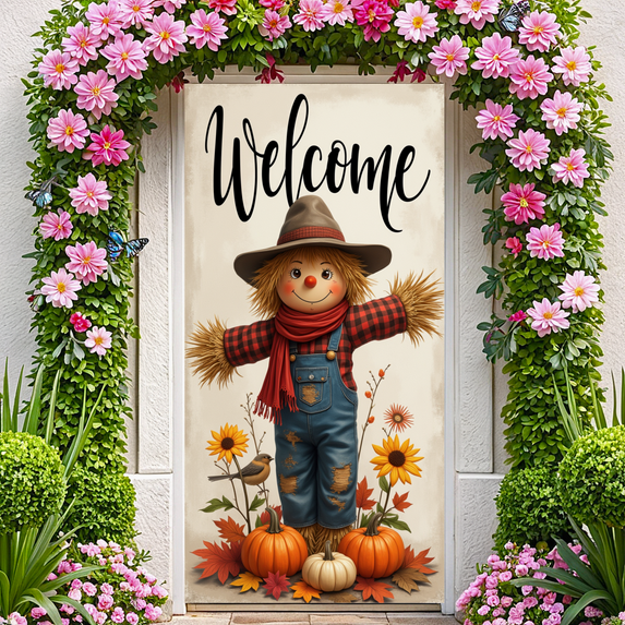 Rustic Scarecrow Banner Fall Welcome Pumpkin Harvest for Autumn Decor Outdoor Indoor Seasonal Celebration