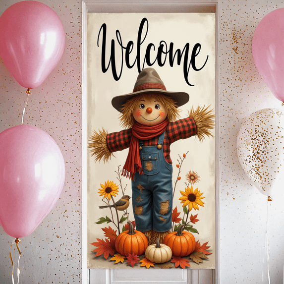 Rustic Scarecrow Banner Fall Welcome Pumpkin Harvest for Autumn Decor Outdoor Indoor Seasonal Celebration