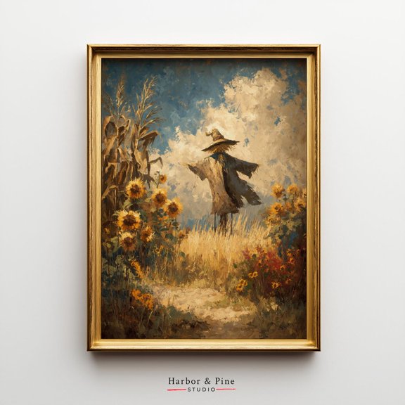Rustic Scarecrow Sunflower Field Vintage Country Farmhouse Unframed Paper Print