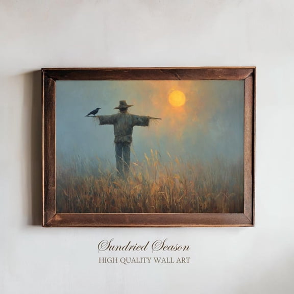 Rustic Scarecrow at Sunset Misty Autumn Field Moody Fall Landscape