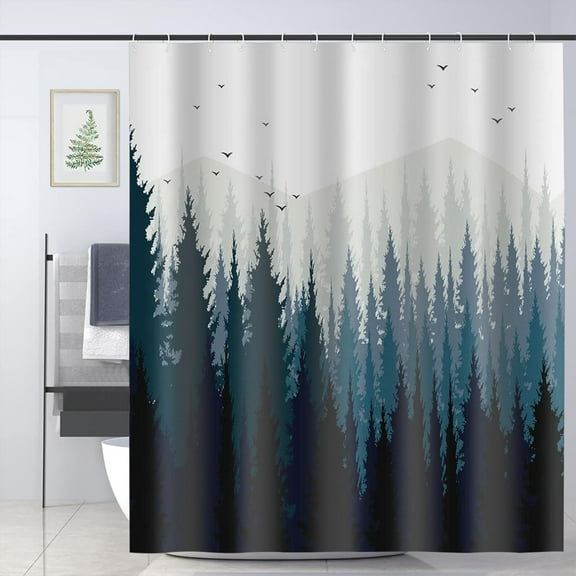 Rustic Scenery Shower Curtain Black Forest Fog Bird Mountain Polyester Fabric Waterproof Shower Curtain Bathroom 72X72in