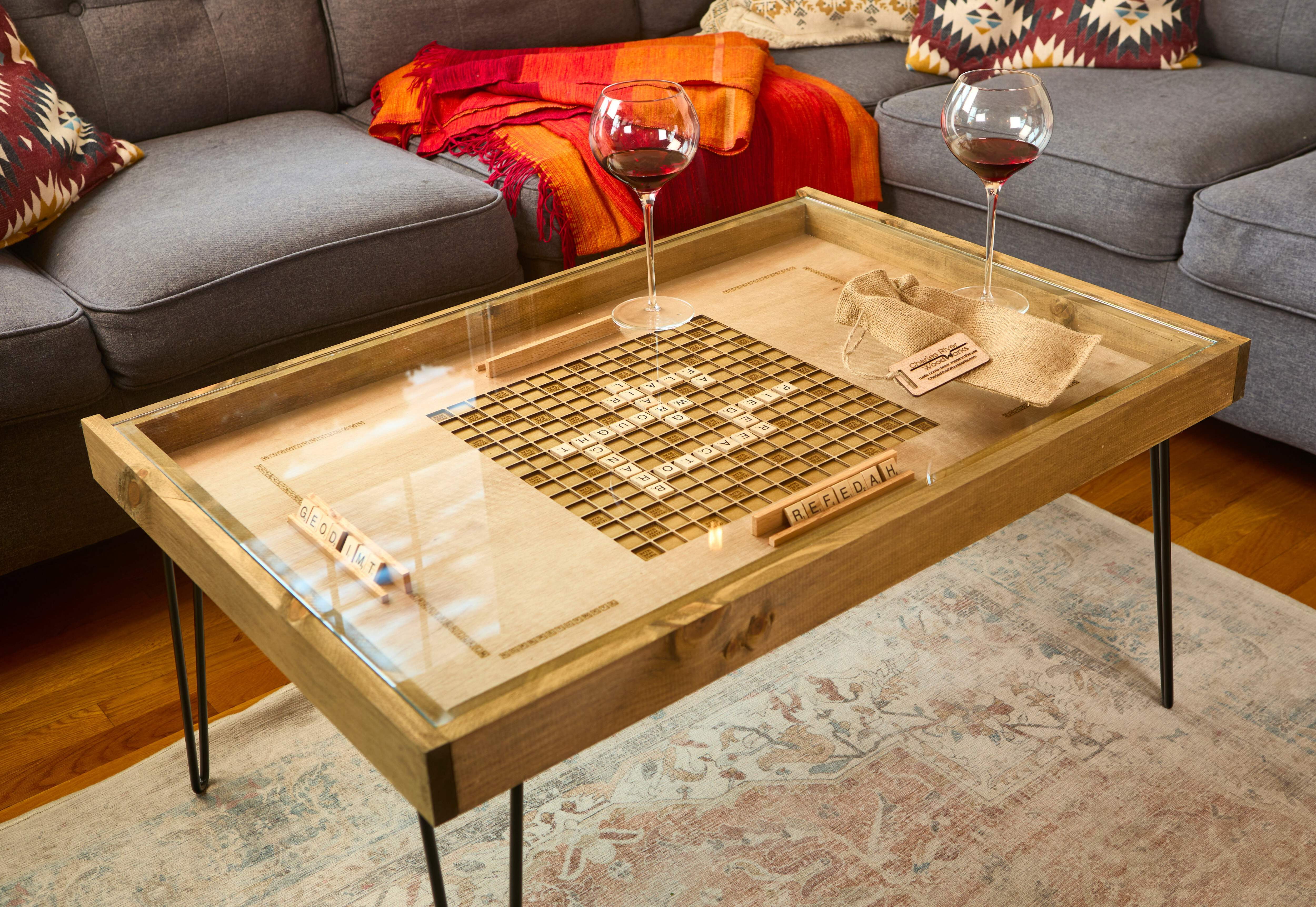 Rustic Scrabble Coffee Table with removable glass top 25x37" letter
