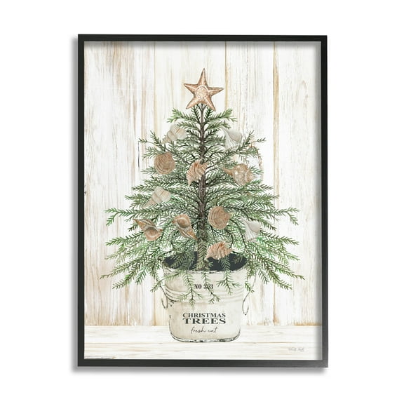Rustic Seashell Christmas Tree Holiday Graphic Art Black Framed Art Print Wall Art