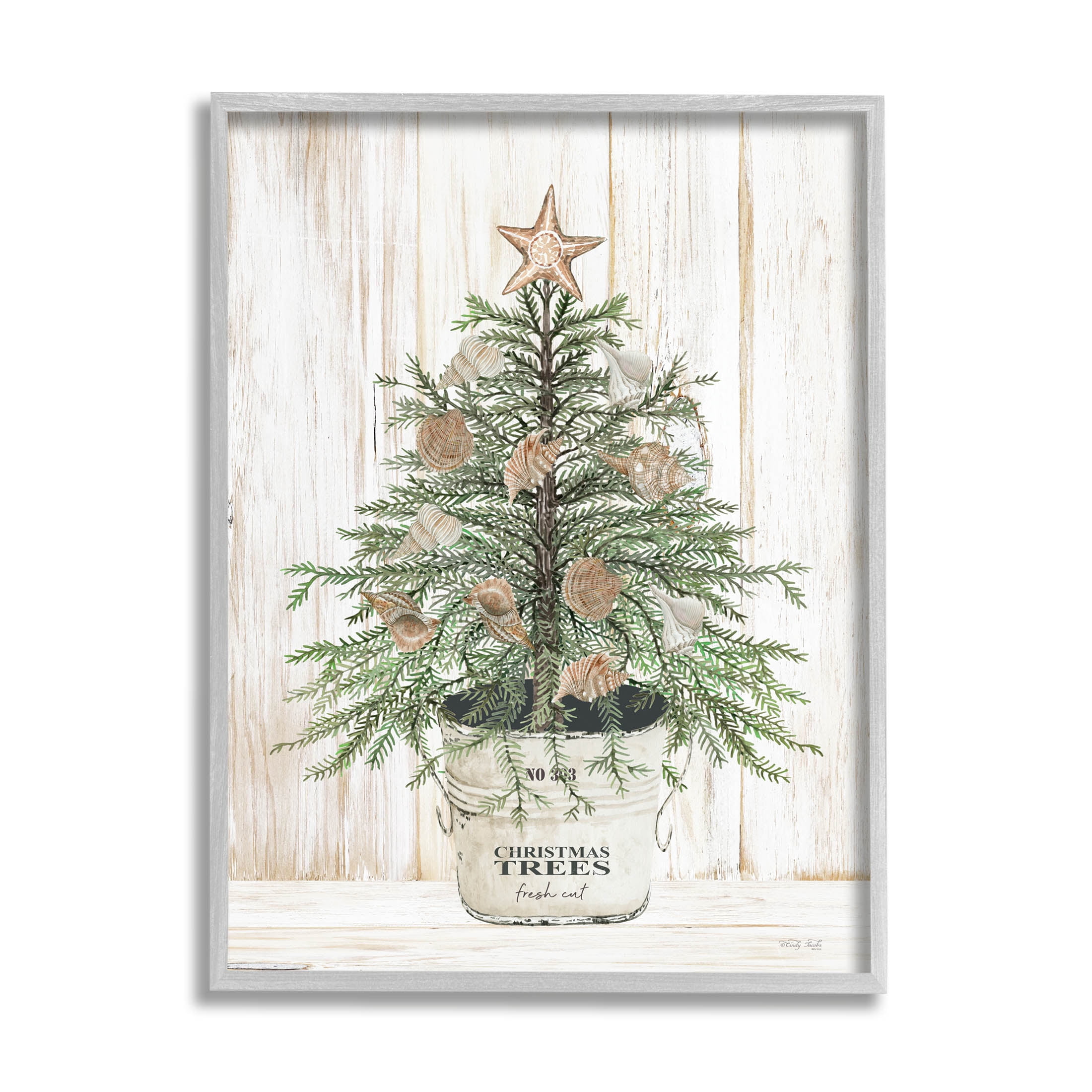 Rustic Seashell Christmas Tree Holiday Graphic Art Gray Framed Art Print Wall Art