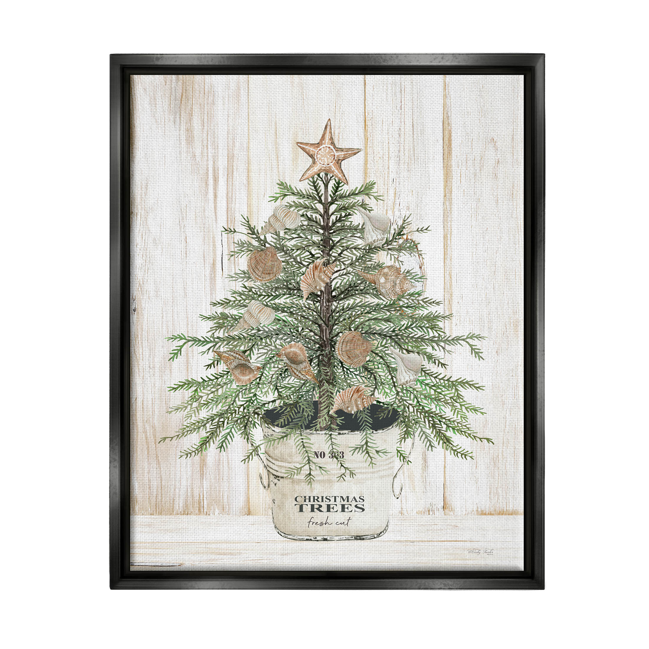 Rustic Seashell Christmas Tree Holiday Graphic Art Jet Black Framed Art Print Wall Art