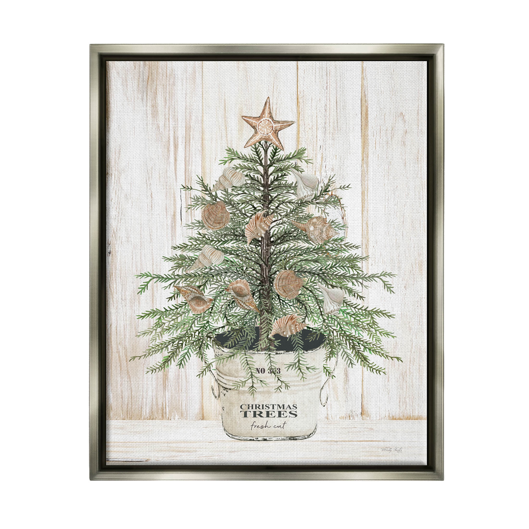Rustic Seashell Christmas Tree Holiday Graphic Art Luster Gray Framed Art Print Wall Art