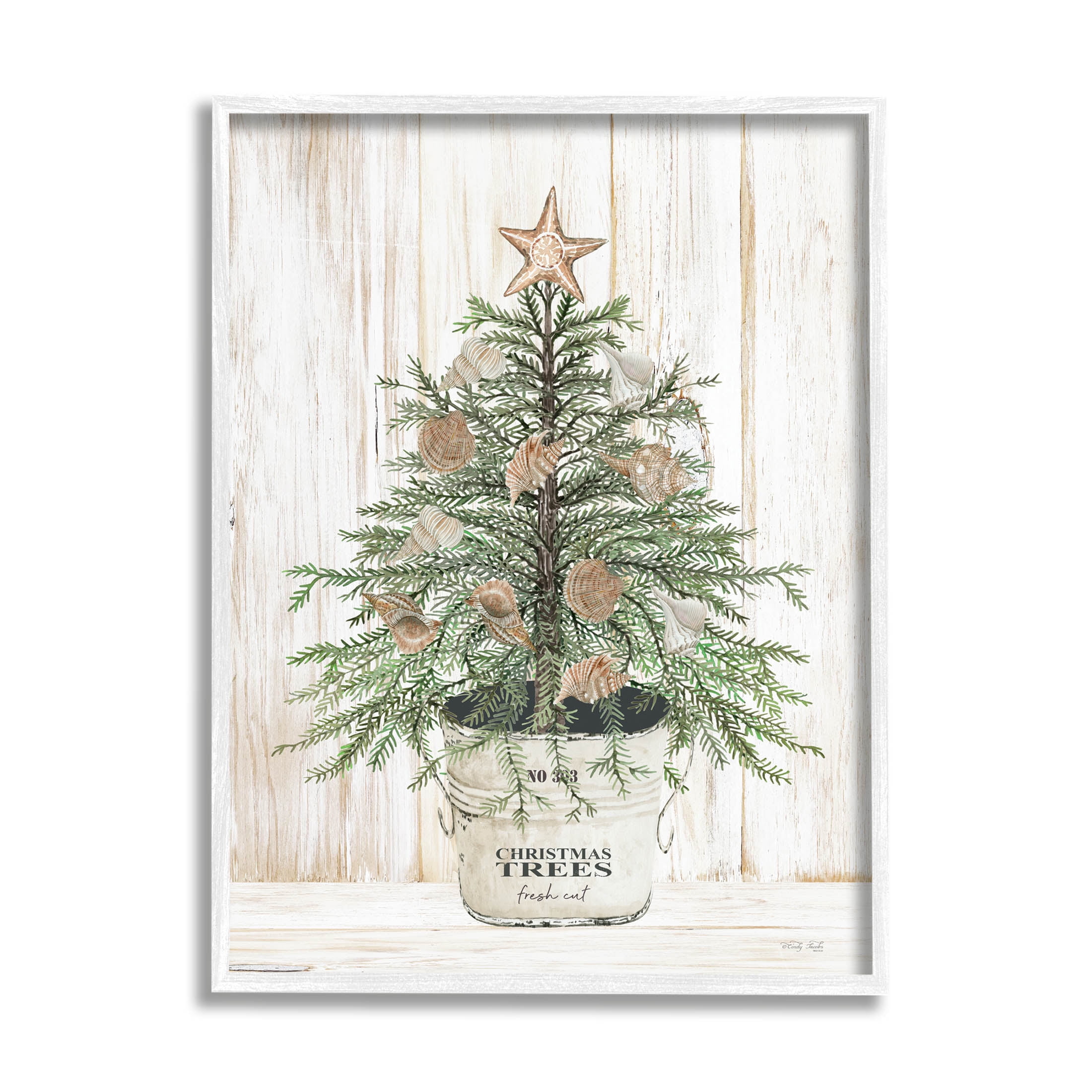 Rustic Seashell Christmas Tree Holiday Graphic Art White Framed Art Print Wall Art