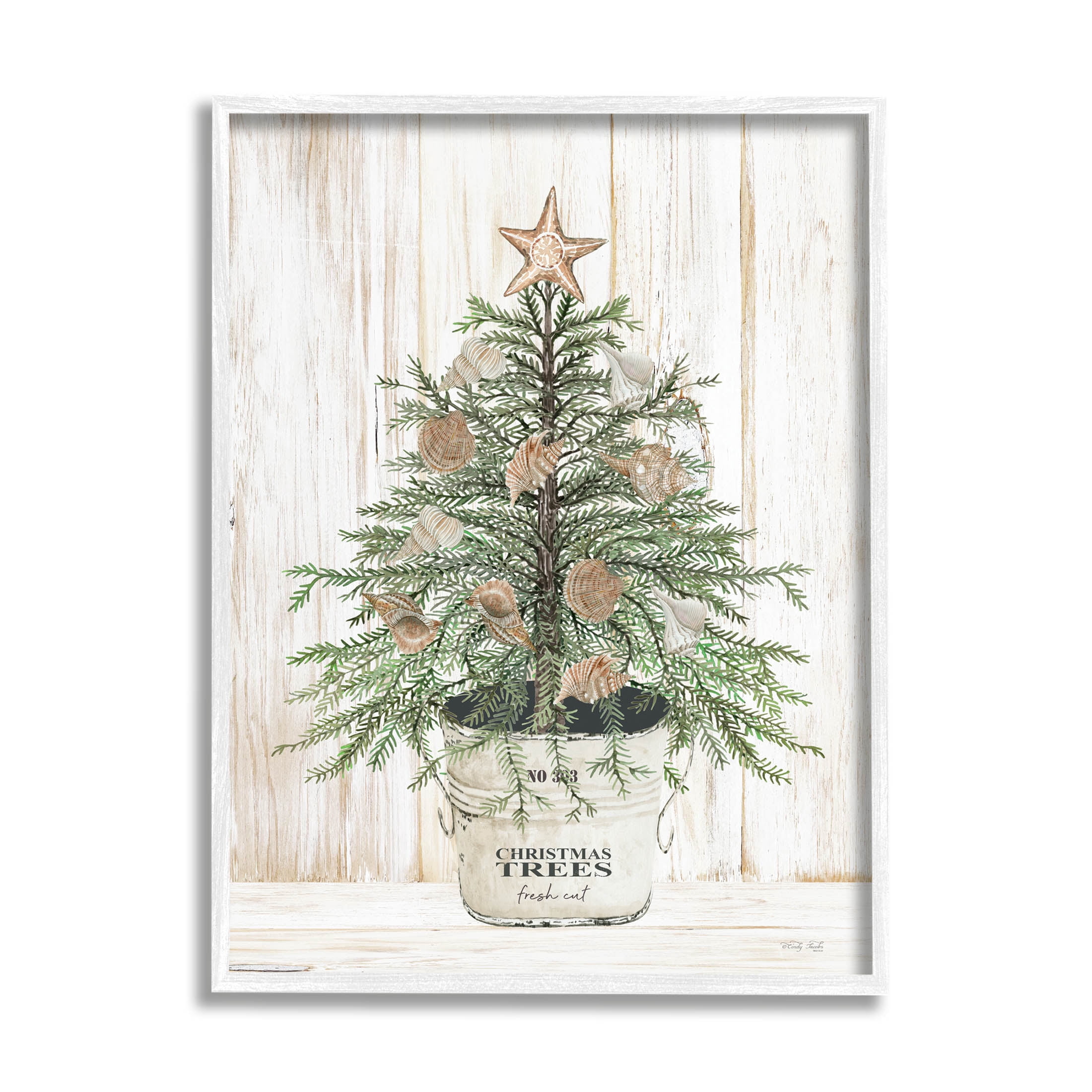 Rustic Seashell Christmas Tree Holiday Graphic Art White Framed Art Print Wall Art