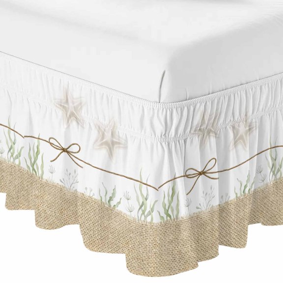 Rustic Seaside White Starfish Bed Skirt 16 Inch Drop,Dust Ruffle Wrap Around Bed Skirts for Queen Size Bed, Summer Beach Grass Adjustable Elastic Bedskirt Bed Frame Cover