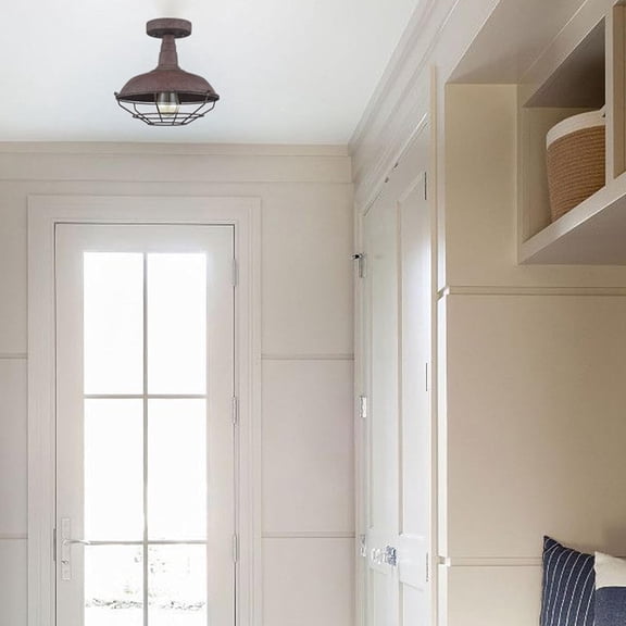 Rustic Semi Flush Mount Ceiling Light Barn Style Light Fixture Farmhouse Metal Cage Ceiling Light 1-Light Industrial Wire Caged Flush Mount Barn Light Rust Finish for Hallway Foyer Kitchen