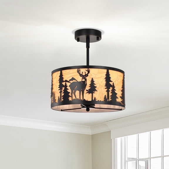 Rustic Semi-Flush Mount Ceiling Light - Farmhouse Parchment Metal 3-Light Chandelier with Deer & Bear Design, Industrial Black Finish, Perfect for Dining Room, Kitchen, Bedroom, or Hallway