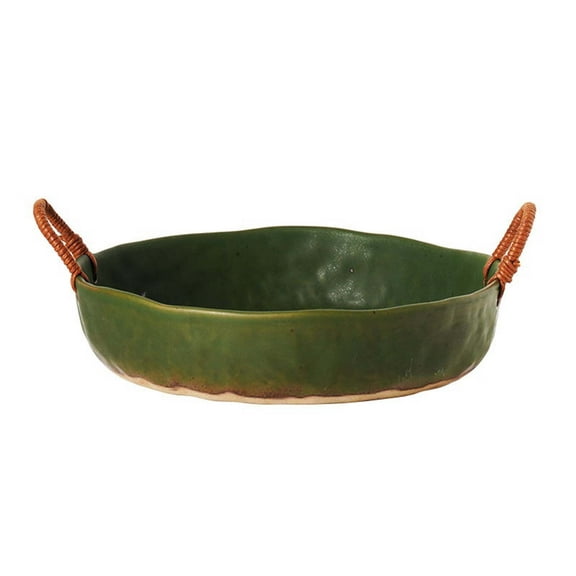 Rustic Serving Bowl, Deep Ceramic Dish w/ Twisted Rope Handles for Fruit, Salad & Bread (8/10-Inch)