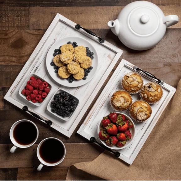 Rustic Serving Tray with Handles - 2 Nesting Trays for Serving Food - Wooden Tray for D r, Coffee Table & Ottoman - Large Serving Tray with Distressed White Finish to Complement Any D r