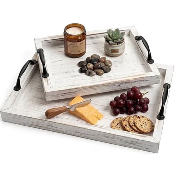 Gennua Kitchen Rustic Wooden Serving Tray Set, 2 Nesting Wood Trays with Handles, Distressed White Finish, for Food, Decor, Coffee Table & Ottoman