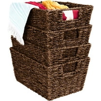 Rustic Set Of 4 Multipurpose Stackable Seagrass Storage Basket, Handwoven Laundry Organizer Totes for Bedroom and Living Room, Shelves, Pantry w/Insert Handles - Brown