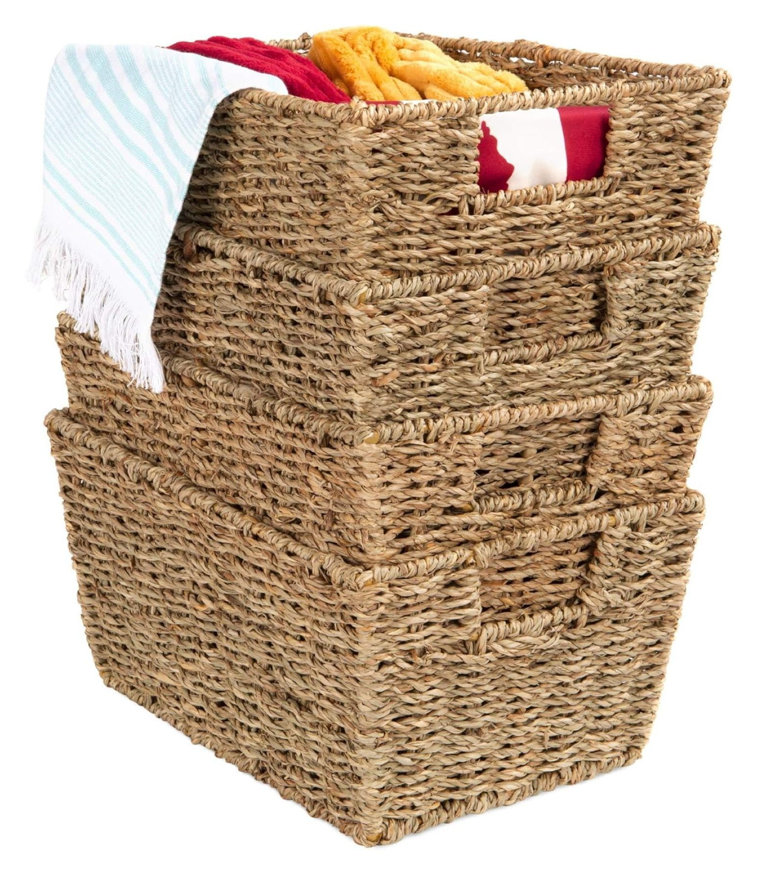 Natural Seagrass Rectangular Stackable Storage Baskets with Handles