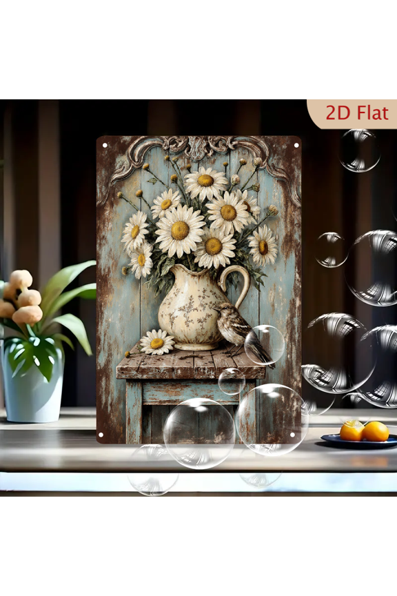 Rustic Shabby Chic Still Life with Daisies and Sparrow, Vintage Floral Pitcher on Weathered Stool Wall Art, 8x12 Inches Metal Tin Sign for Home Decor