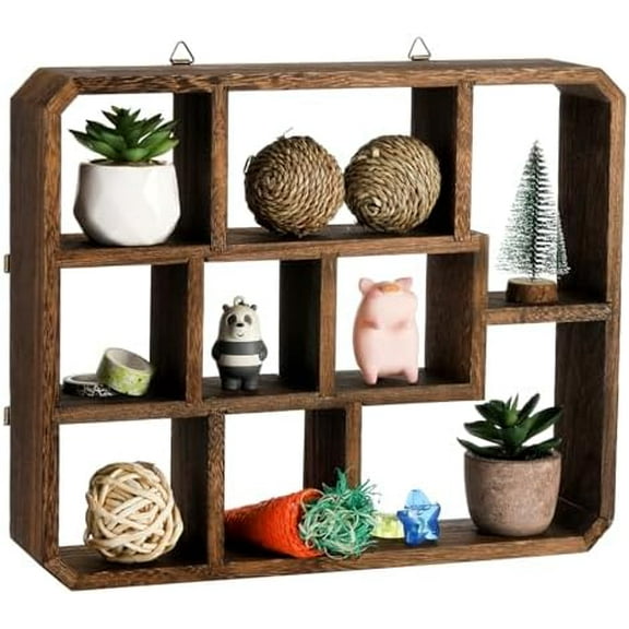 Rustic Shadow Box Display Shelf, 9 Compartments Wood Hanging Display Floating Shelves, Multi-Slot Wall Mounted or Freestanding Farmhouse Decor Displays Case$$Home Decor, Kitchen, & Other
