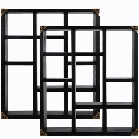 Rustic Shadow Box Shelf, 9 Compartment Wooden Floating Display Shelves, Wall Mounted Freestanding Storage Organizer Unit, Farmhouse Decor Wall Rack, Set Of 2, Classic Black Color