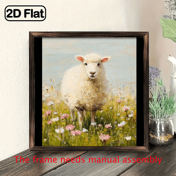 Rustic Sheep in Field Wood Framed Wall Sign Farm Animals Pastoral Decor with Wood Frame, 8x8 Inch Farmhouse Wall Suitable for Home, Living Room, Kitchen, Easter Vintage Farm Decorations,