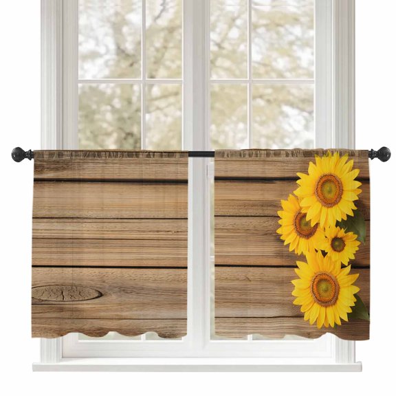 Rustic Sheer Curtains 45 inches Long 2 Panels Set Sunflowers Wood Grain Texture Vintage Pastoral Tiers Sheers Rod Pocket Small Window Short Curtains for Kitchen Cafe, Each 52" W x 45" L